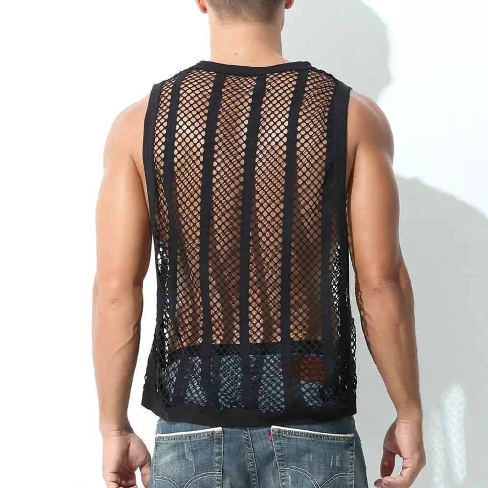 Mens Mesh Sheer Vest Bodybuilding Running Tank Tops Sexy Fishnet Fitness Sportwear Muscle Sleeveless Hollow Singlet Quick Dry
