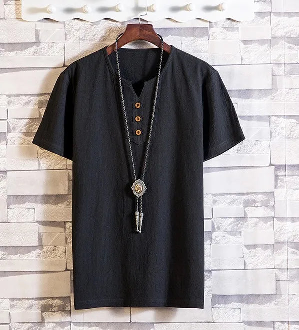 Men's Casual V Neck Short Sleeve Linen T-shirt
