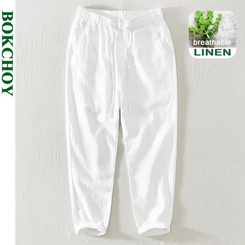 Summer New Casual Linen Ankle-length Pants for Men Clothing Simple Drawstring Thin Streetwear Oversize BL8226