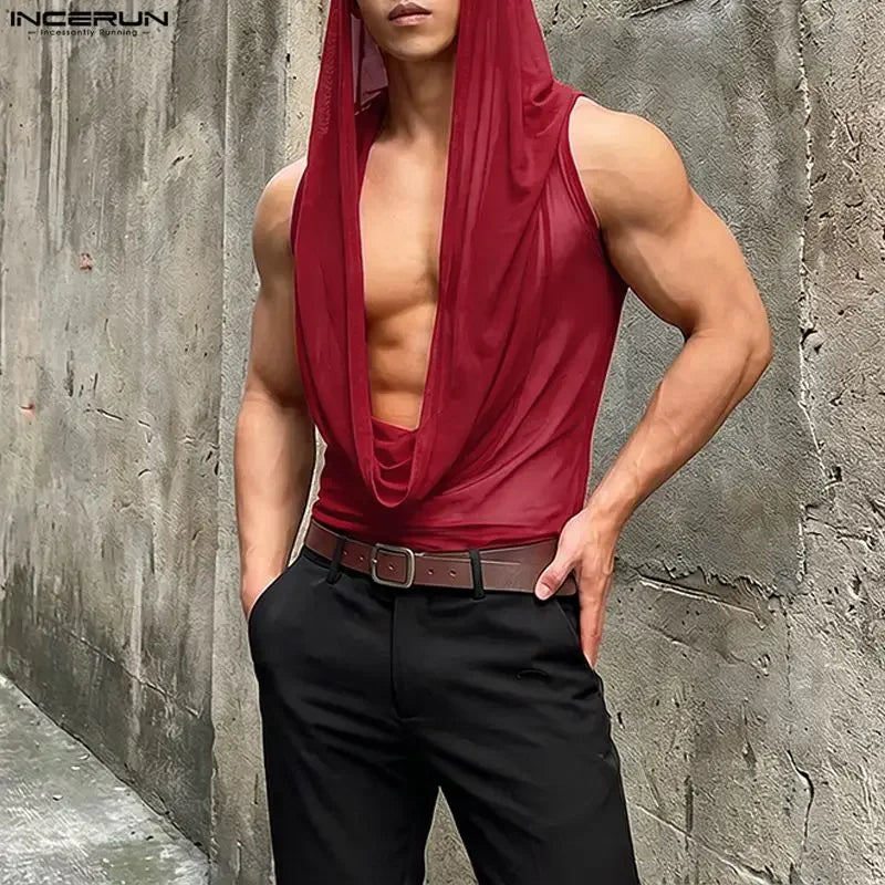 INCERUN Men Tank Tops Mesh See Through Solid Color Vests For Man Streetwear Summer Sleeveless Sexy Tops Menswear Clothing S-3XL