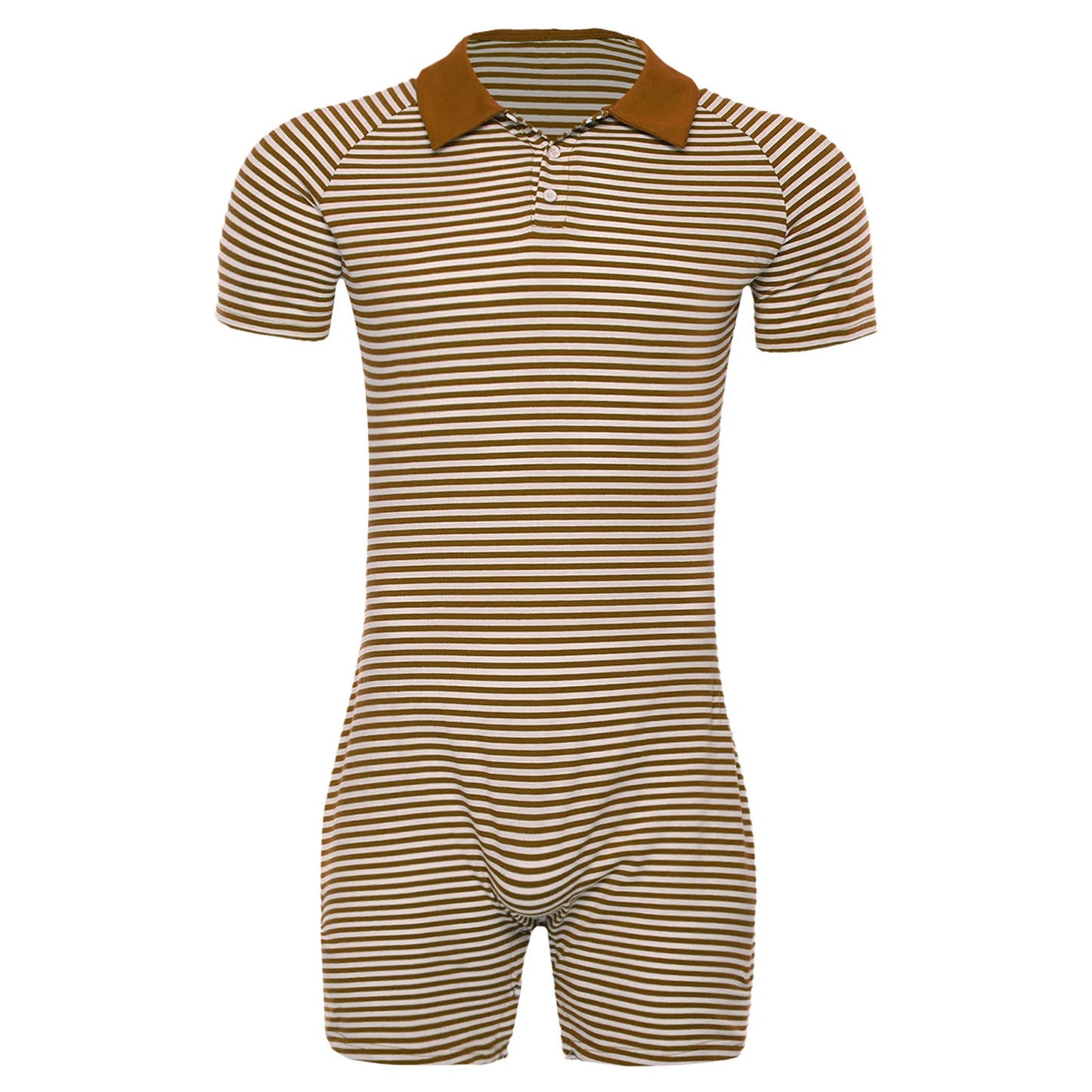 Men Short Sleeve Striped Pajamas Bodysuit Turn-down Collar Buttoned Crotch Cozy Jumpsuits Homewear Loungewear for Leisure Time