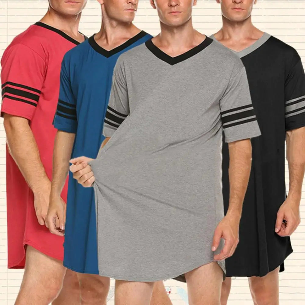 Men Loungewear Contrast Color Men Summer Long T-shirt Striped Print Sleeping Clothes Men Bathrobe Sleep Dress Homewear Robe