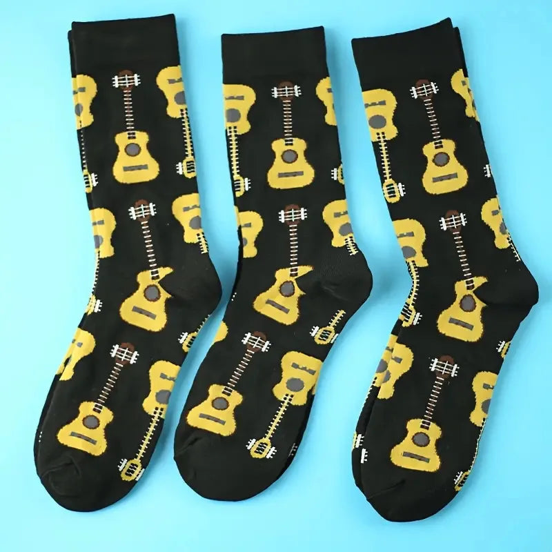 Men's Cartoon Guitar Print Crew Breathable Comfortable Socks Casual Street Style Socks For Men's Outdoor Wearing All Seasons Wea