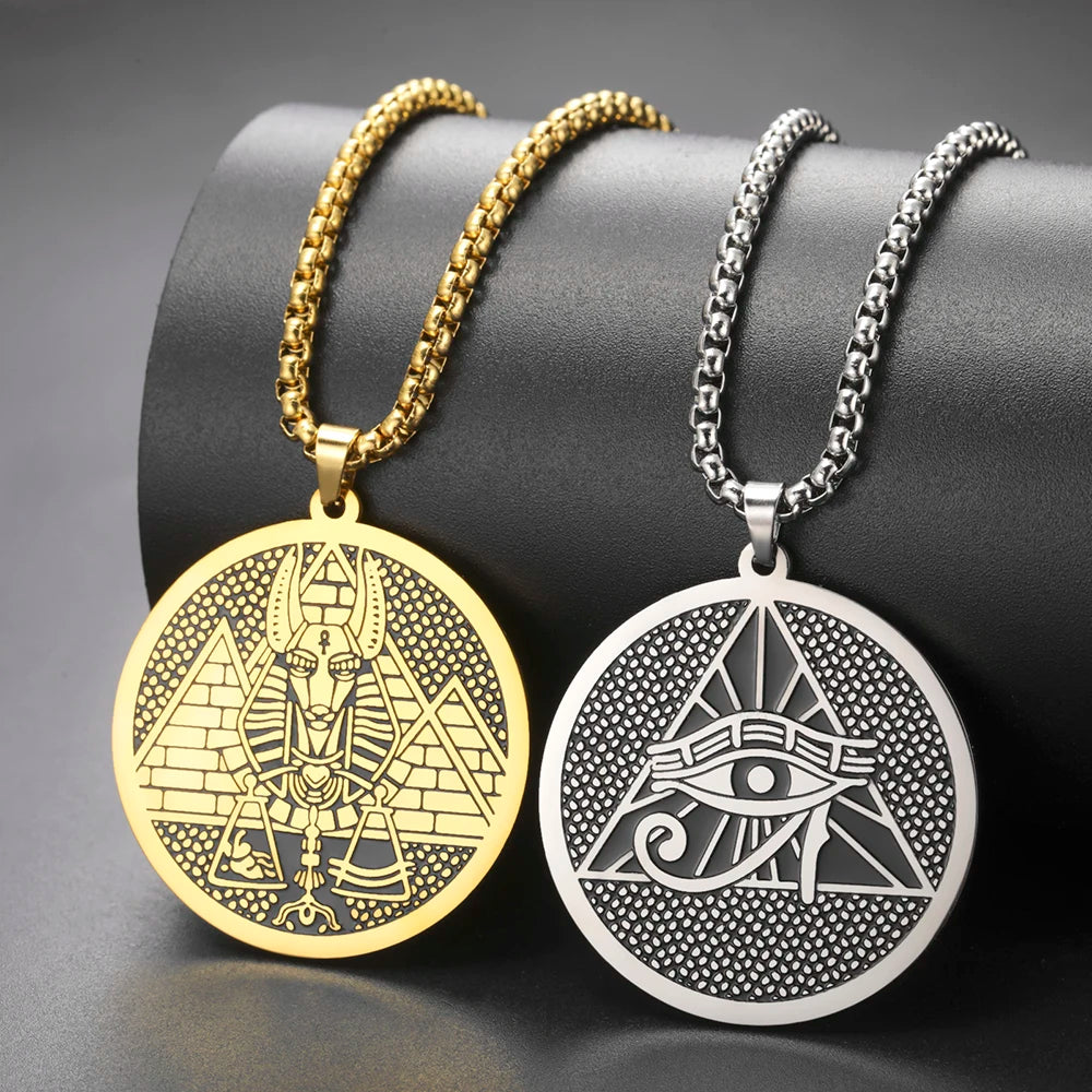Egyptian God Anubis Double Sides Necklace Pharaoh Pyramid Eye of Horus Protection Amulet Stainless Steel Ancient Egypt Jewelry