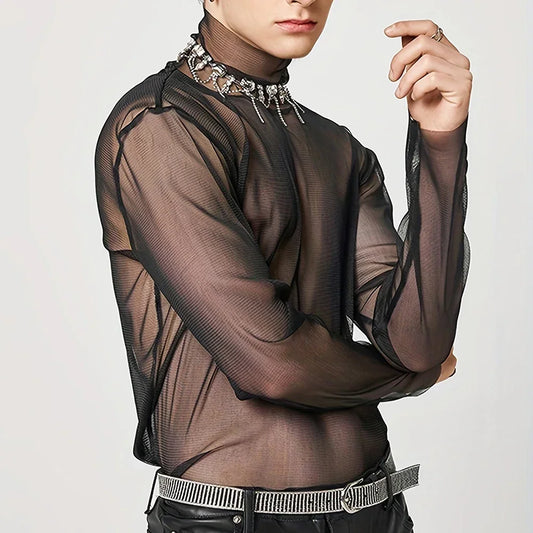 Sexy Mens Streetwear Mesh Transparent Turtleneck Long Sleeve Tops Solid Color Summer T Shirts O Neck Tee for Men Black Color