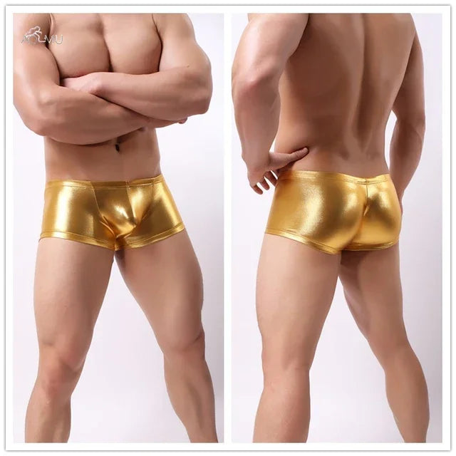 Men's Shiny Leather Boxer Shorts with U Convex Pouch