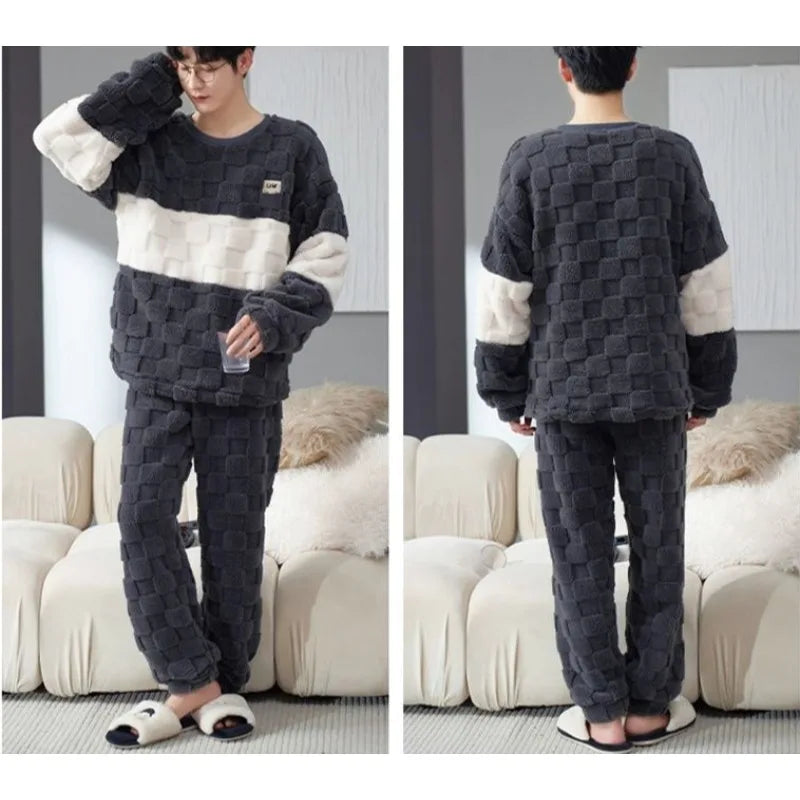 Sleepwear for Winter Men Coral Velvet Plus-Size Loungewear Two-Piece Set of Soft Flannel Long-Sleeved Pajamas Thickened Warm