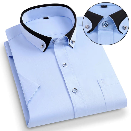 Men's Short Sleeve Business Dress Shirt with Contrast Collar