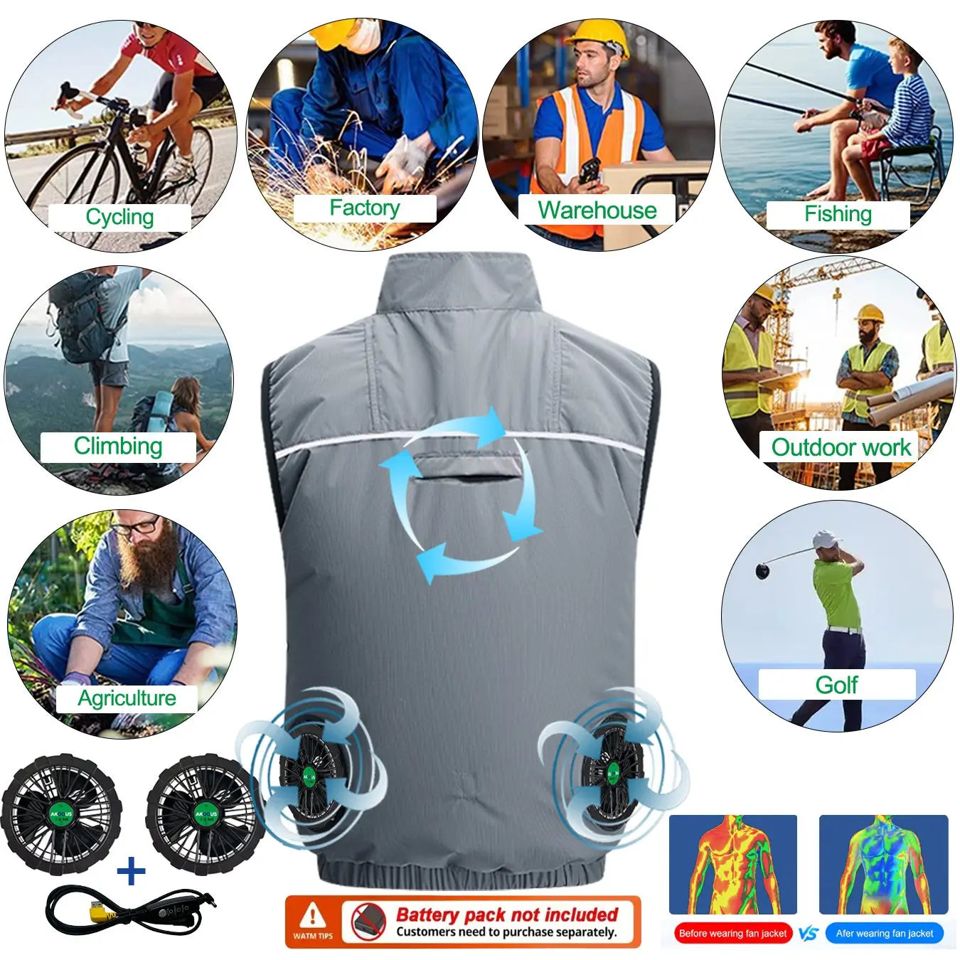 Hooded Cooling Vest USB Charging 5V 12V Polyester