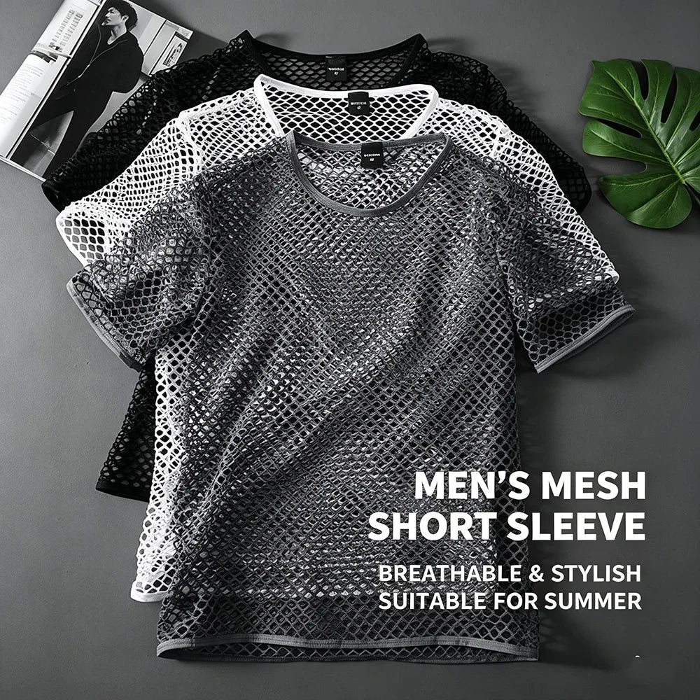 Mens Mesh See Through T Shirt Ice Cool Breathable Fishnet Hollow Out Short Sleeve