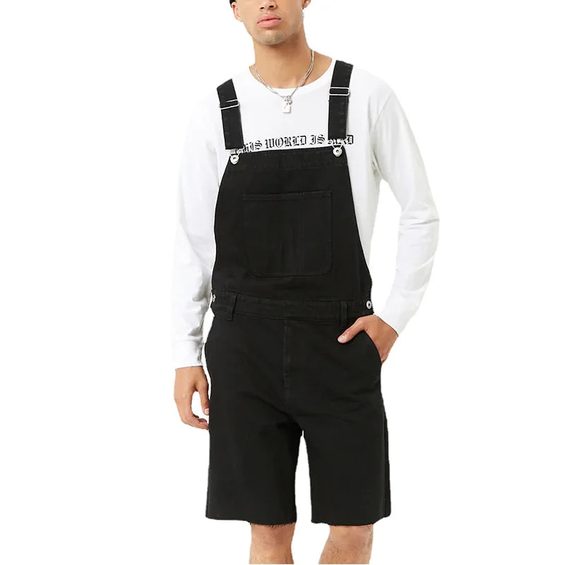 Men's Denim Ripped Knee Length Overalls Jumpsuit