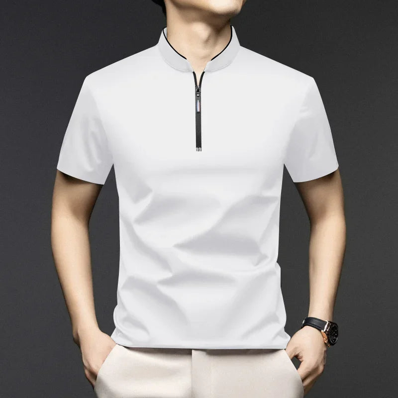 Men's Casual Zipper Polo Shirt in Solid Color