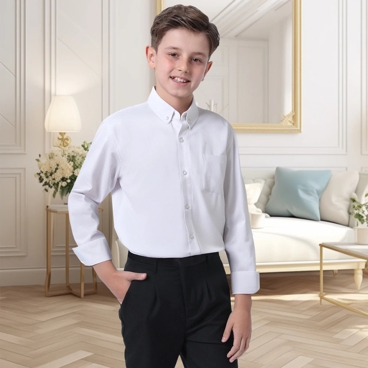 Boys Formal Dress Shirt Black White 7-12 Years Polyester