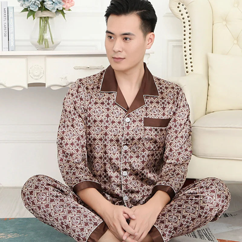 Silk Satin Pajamas for Men Sleepwear Cozy Soft Print Long Sleeve Nightgown Tops + Trousers Two Pieces Mens Pajama Set