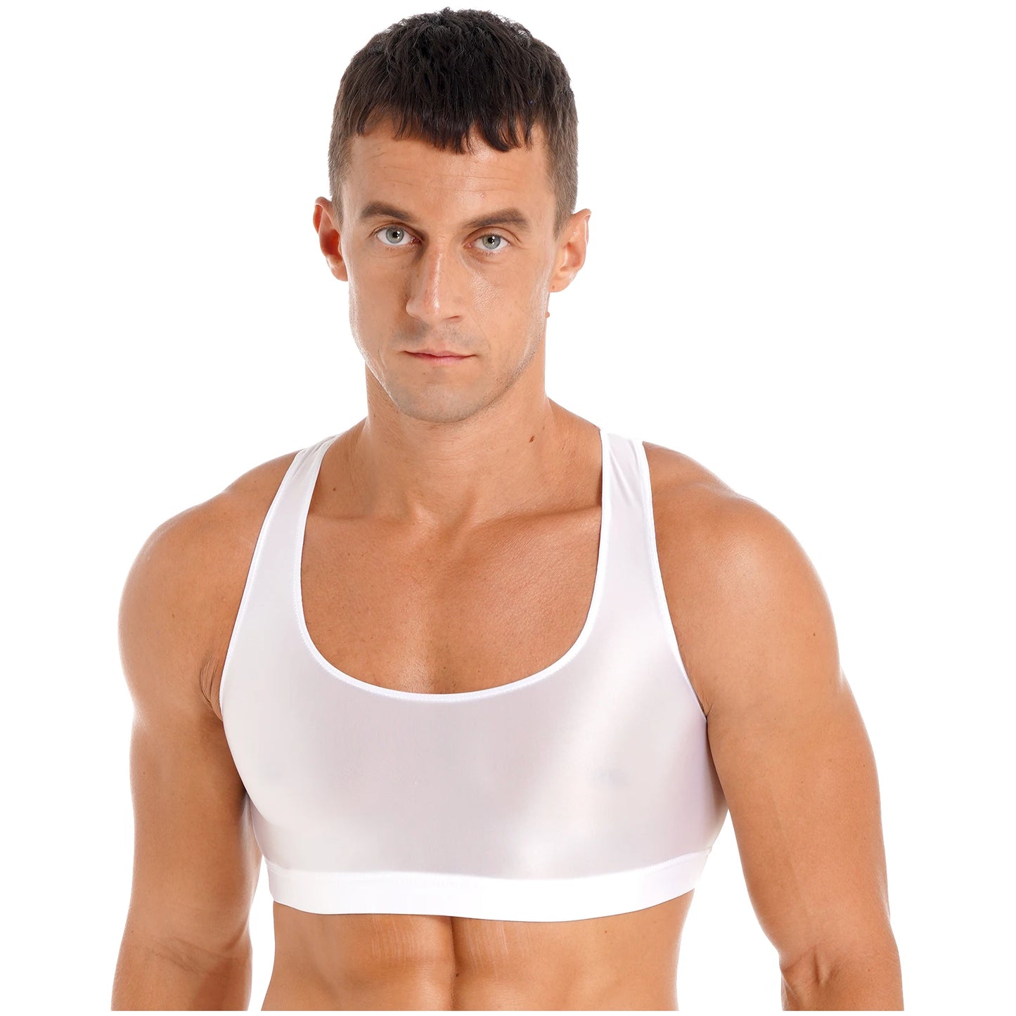 Mens Glossy Crop Top Short Sleeve Oil Shiny Slim Fit Sports Fitness T-shirt Tee Workout Cheer Booty Dance Tops Swimwear Clubwear