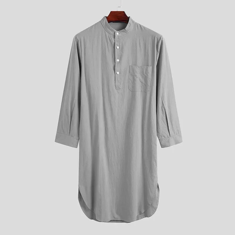 Muslim Fashion Abayas for Men Sleep Robes Solid Cotton Long Sleeve Comfortable Leisure Nightgown Mens Bathrobes Homewear Robes