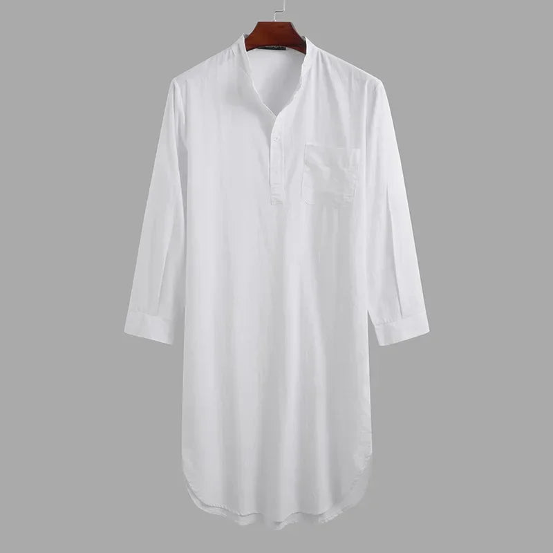 Muslim Fashion Abayas for Men Sleep Robes Solid Cotton Long Sleeve Comfortable Leisure Nightgown Mens Bathrobes Homewear Robes