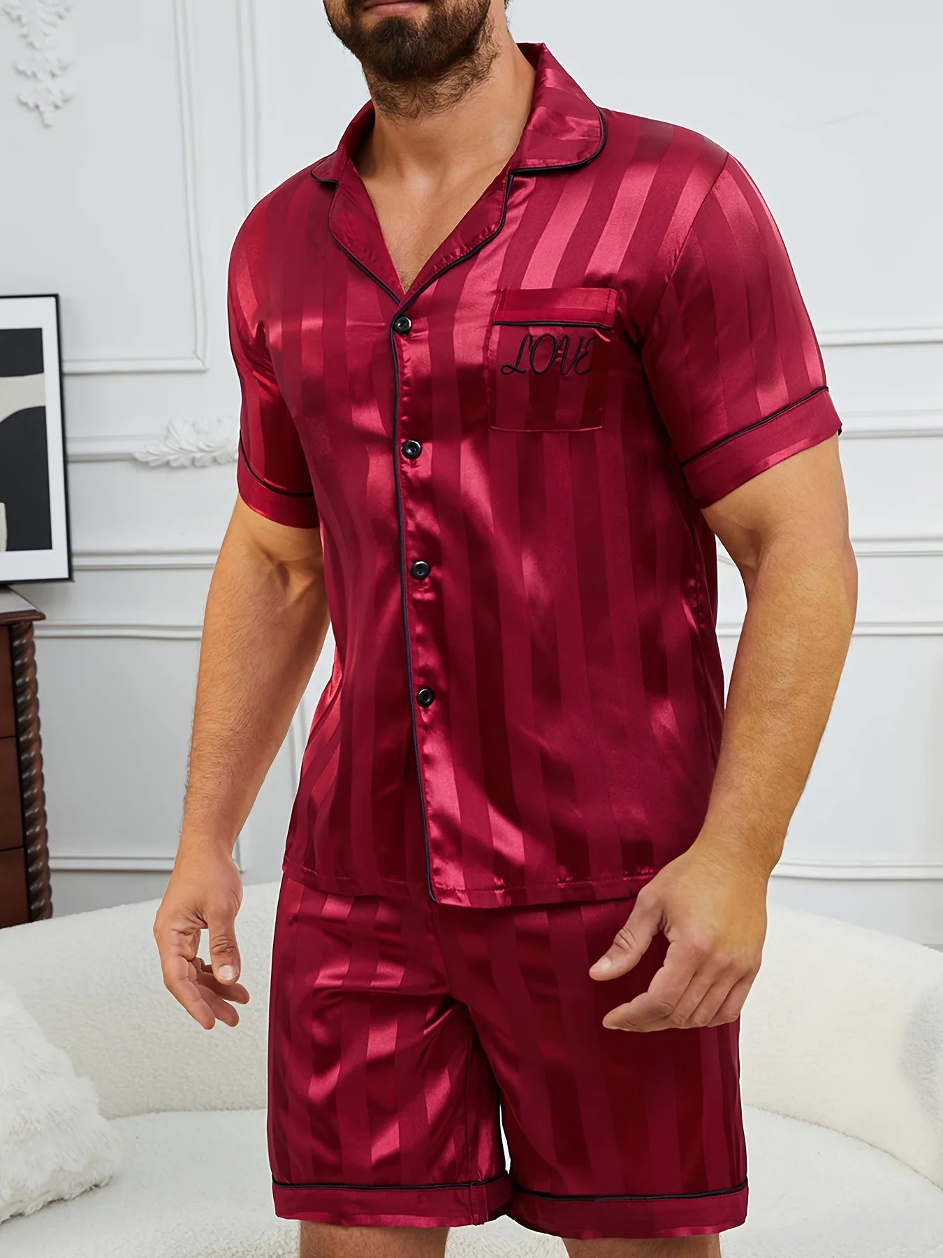 Men'S Sleepwear Set Featuring a Short-Sleeve Top And Shorts with Burgundy Striped Embroidery Button Up Pajamas Sets Nightwear