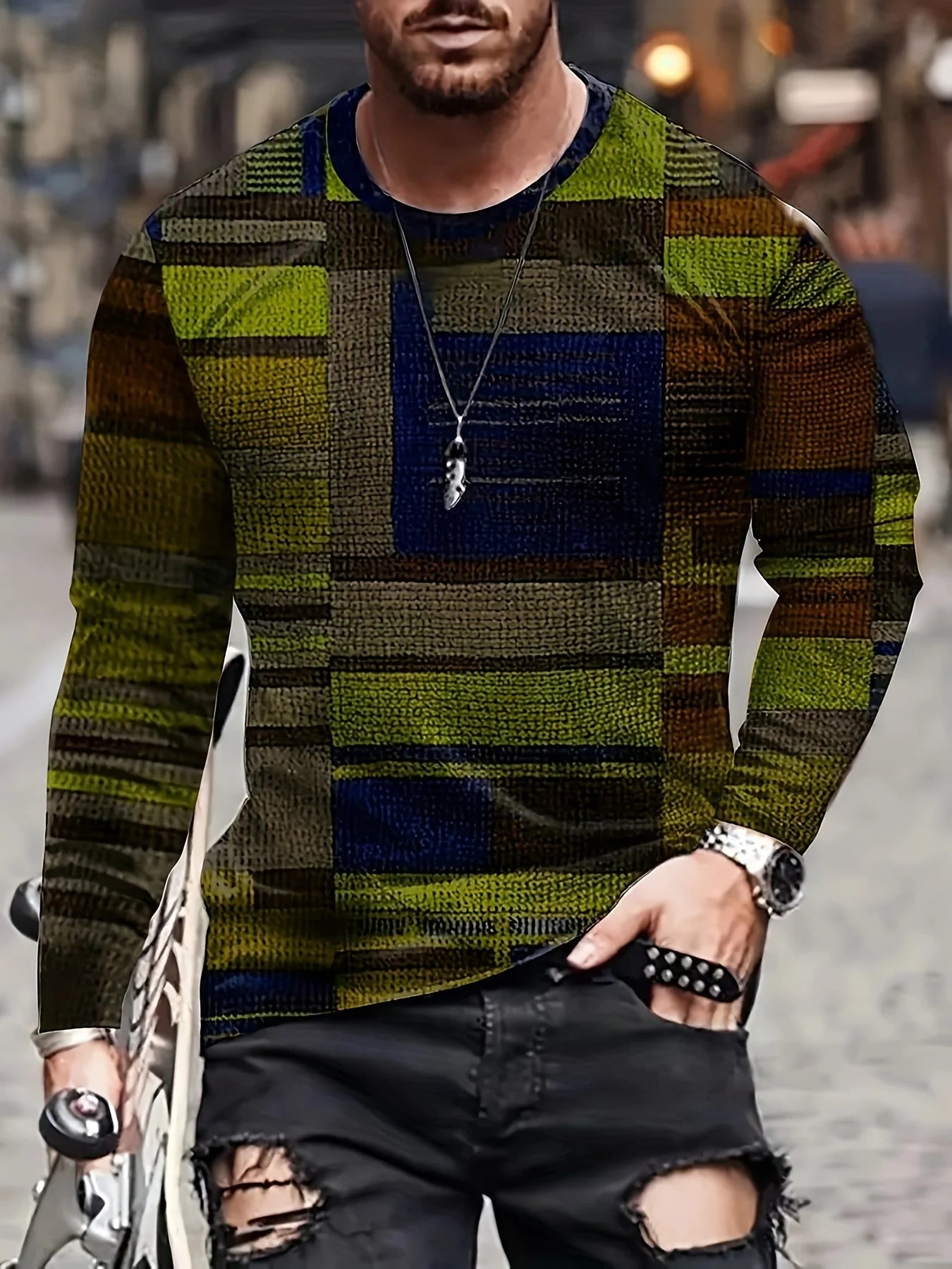 Men's Colorful Plaid Long Sleeve T-Shirt