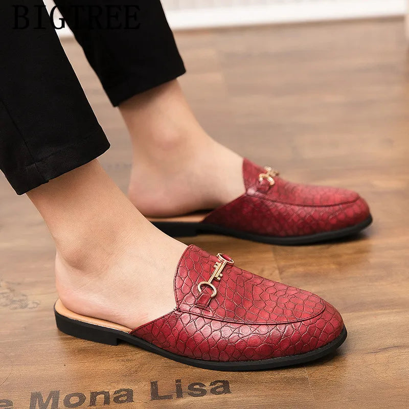Men's Leather Mules Slippers with Metal Decoration