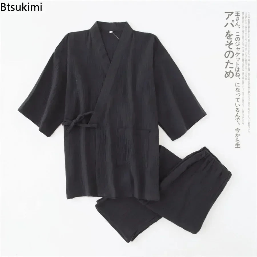 2026 Men's 100% Cotton Cotton Crepe Cloth Pajamas Sets Plus Size Loose V-neck Kimono Bathrobes and Pants Couple Lounge Sleepwear