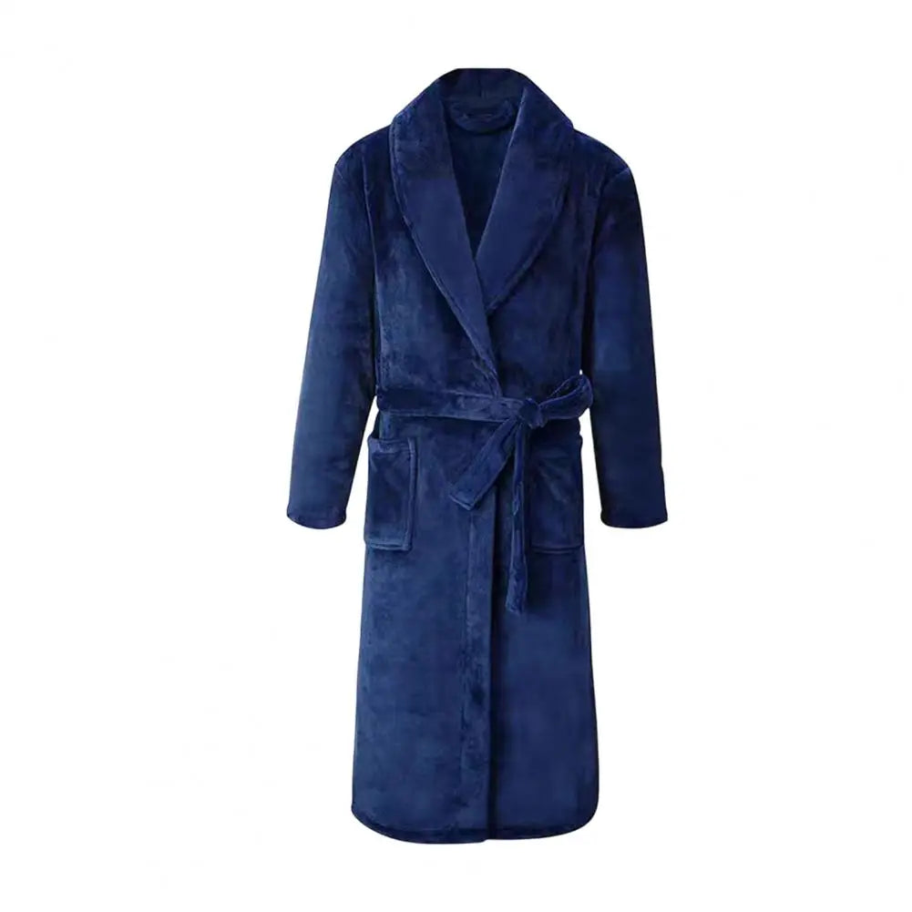 Men Women Bath Robe Lapel Long Sleeve Knee-Length Bathrobe With Belt Pockets Flannel Soft Loungewear Nightwear Plush Spa Robe