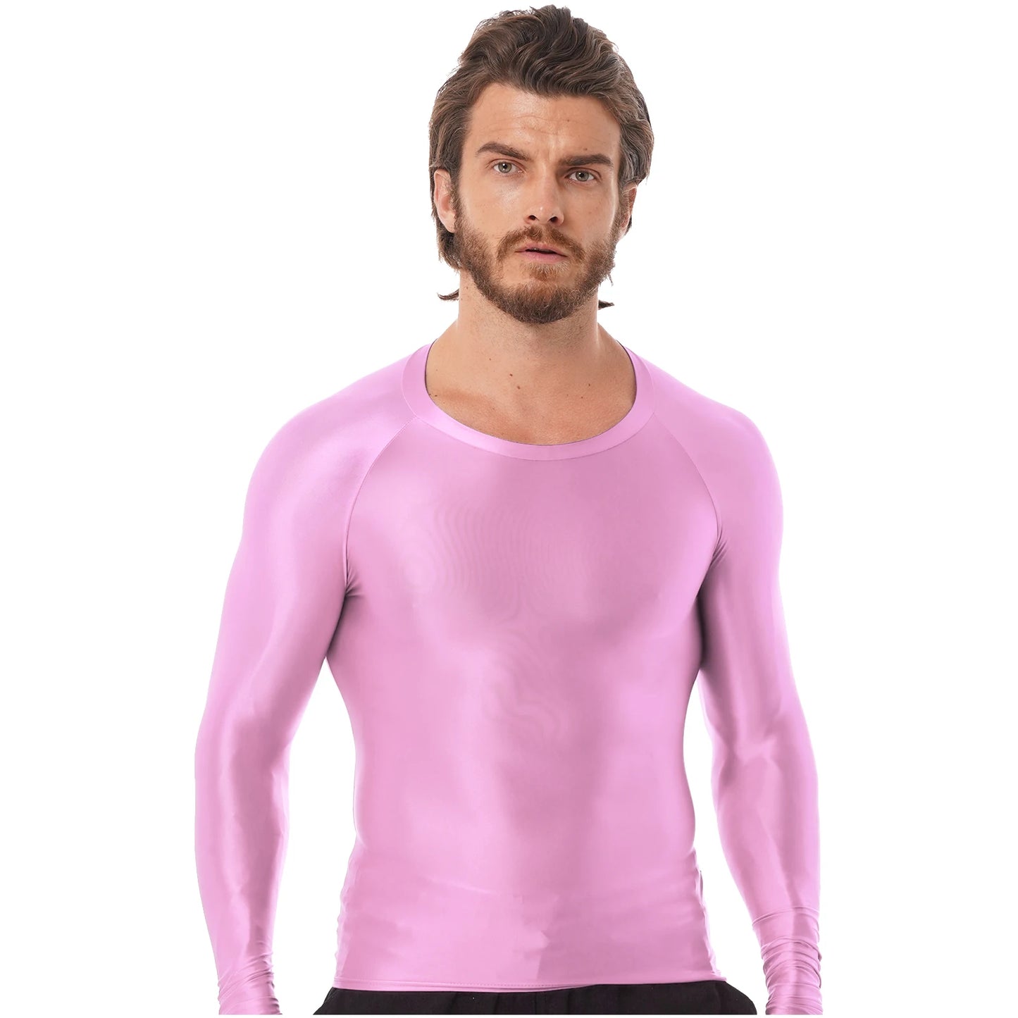 Mens Glossy Sports Tops Long Sleeve T-shirt Solid Color Slim Fit Breathable Fitness Gymnastics Workout Tops Yoga Beach Swimwear