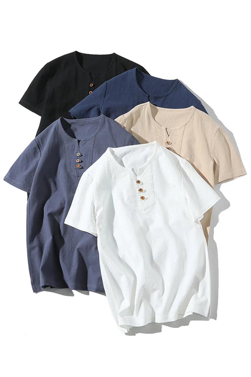 Men's Casual V Neck Short Sleeve Linen T-shirt