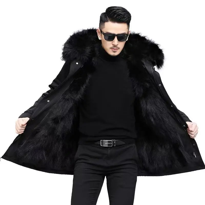 Winter Men Long Hooded Jacket High Quality Raccoon Fur Collar