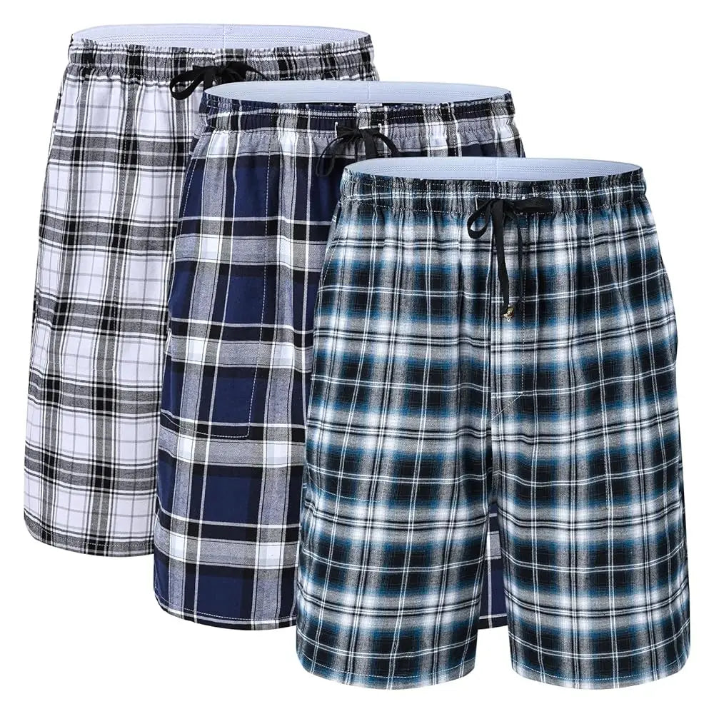 100% Cotton 3Pcs Mens Underwear Boxers Shorts Male Breathable Loose Pajama Sleep Bottoms Shorts Plaid Comfortable Homewear
