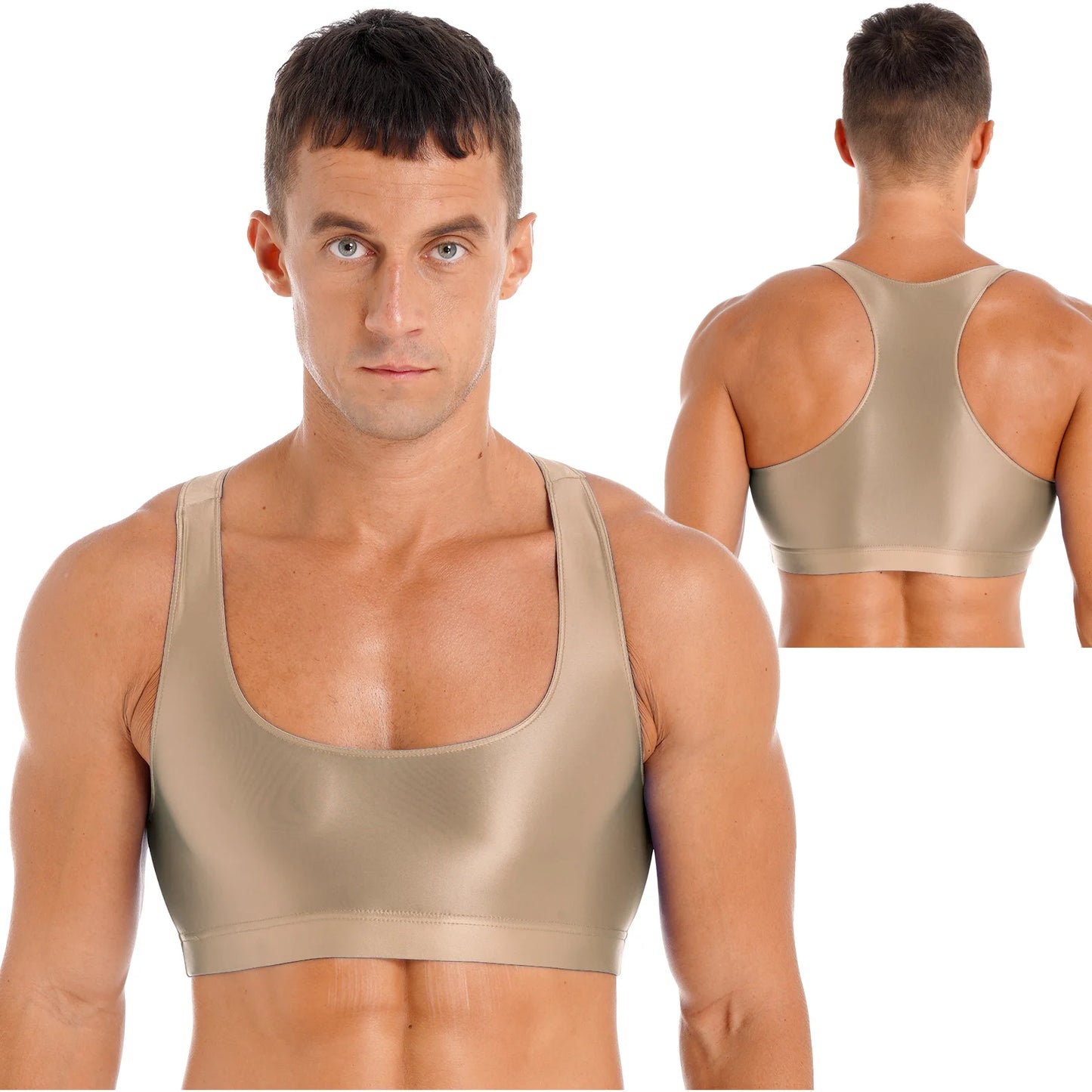 Mens Glossy Crop Top Short Sleeve Oil Shiny Slim Fit Sports Fitness T-shirt Tee Workout Cheer Booty Dance Tops Swimwear Clubwear
