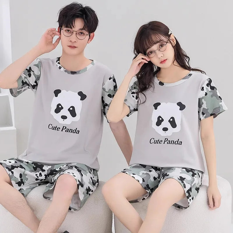 Couples Home Suit Women's Sleepwear Suit Man's Pajamas Set Cotton Short Sleeves Sleep Tops Shorts Pyjamas Nightwear Mujer Homme