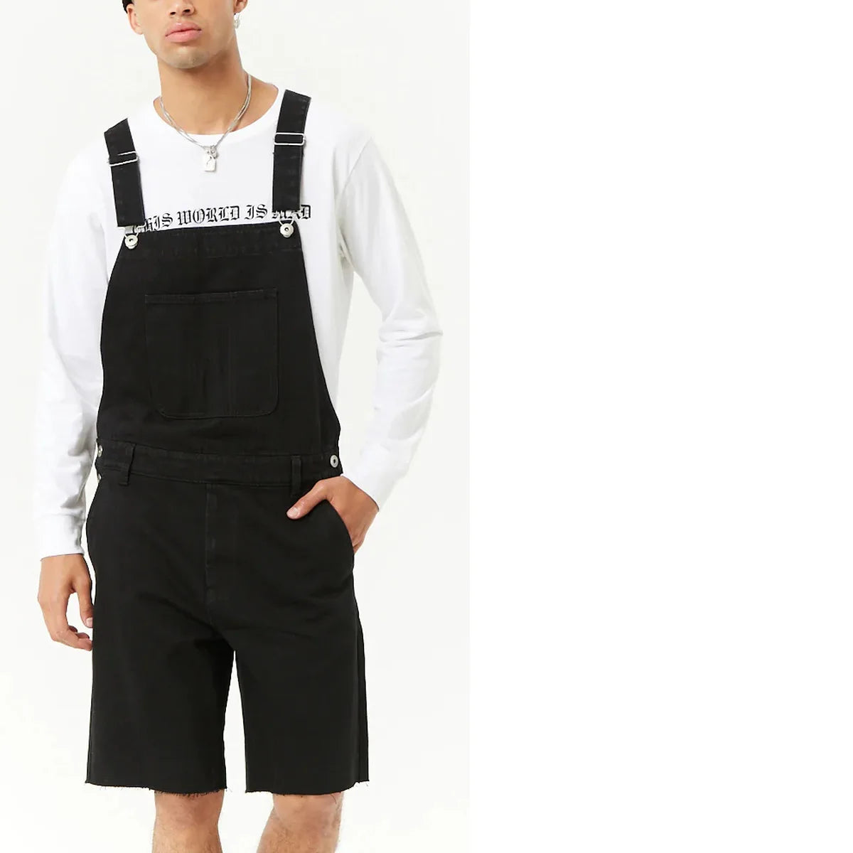 Men's Denim Ripped Knee Length Overalls Jumpsuit