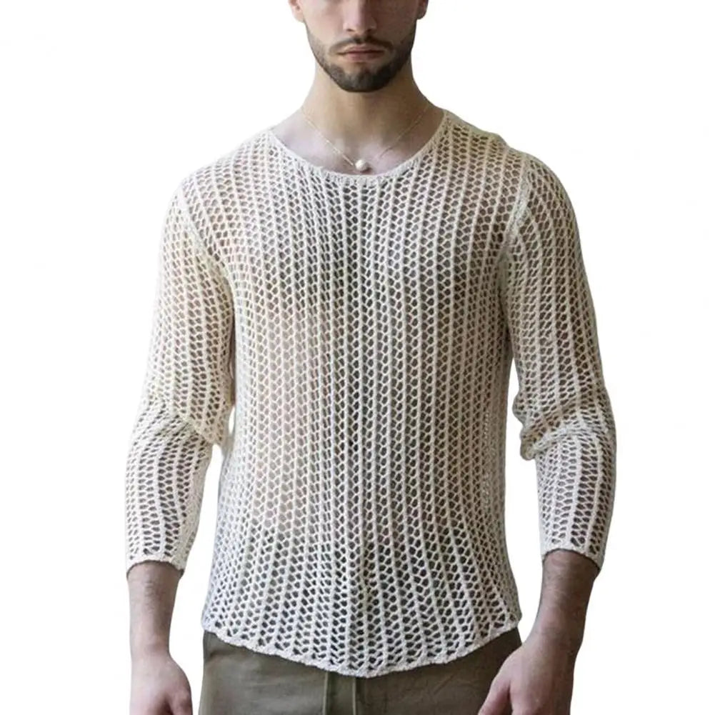 Men Mesh Top See Through Long Sleeves Round Neck Hollow-out Sexy Men Bottoming Shirt Knitted Mesh Top Clothing for Male