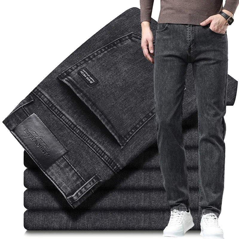 Men's Soft Stretch Denim Biker Jeans in Grey Black