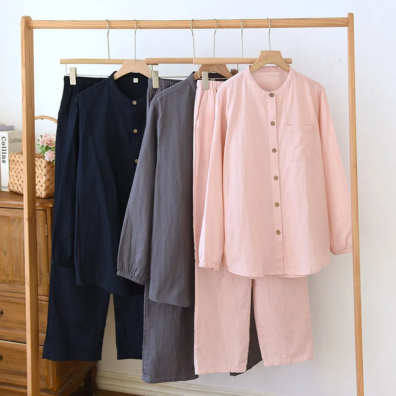 New Men's Sleepwear Two-piece Set for Spring 2025 100% Cotton Crepe Fabric Vertical Long Sleeved Long Pants Home Suit Set