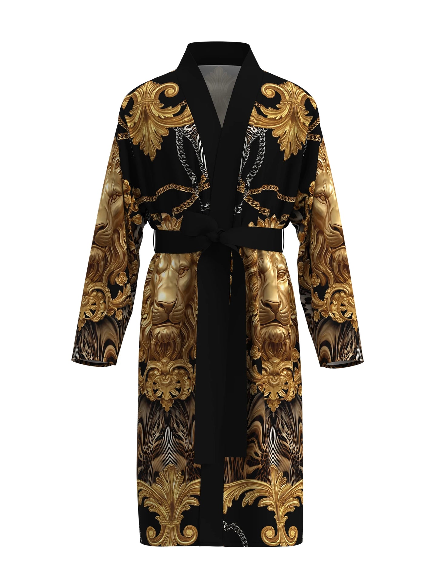 Men's Luxurious Baroque Lion Head Print Kimono Bathrobe Gold Leopard Print Long Sleeve Lounge Clothes Casual Nightgown