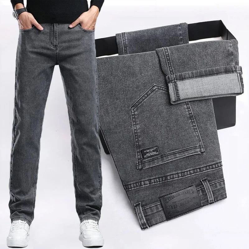 Men's Slim Fit Elastic Jeans Gray Casual Denim Pants