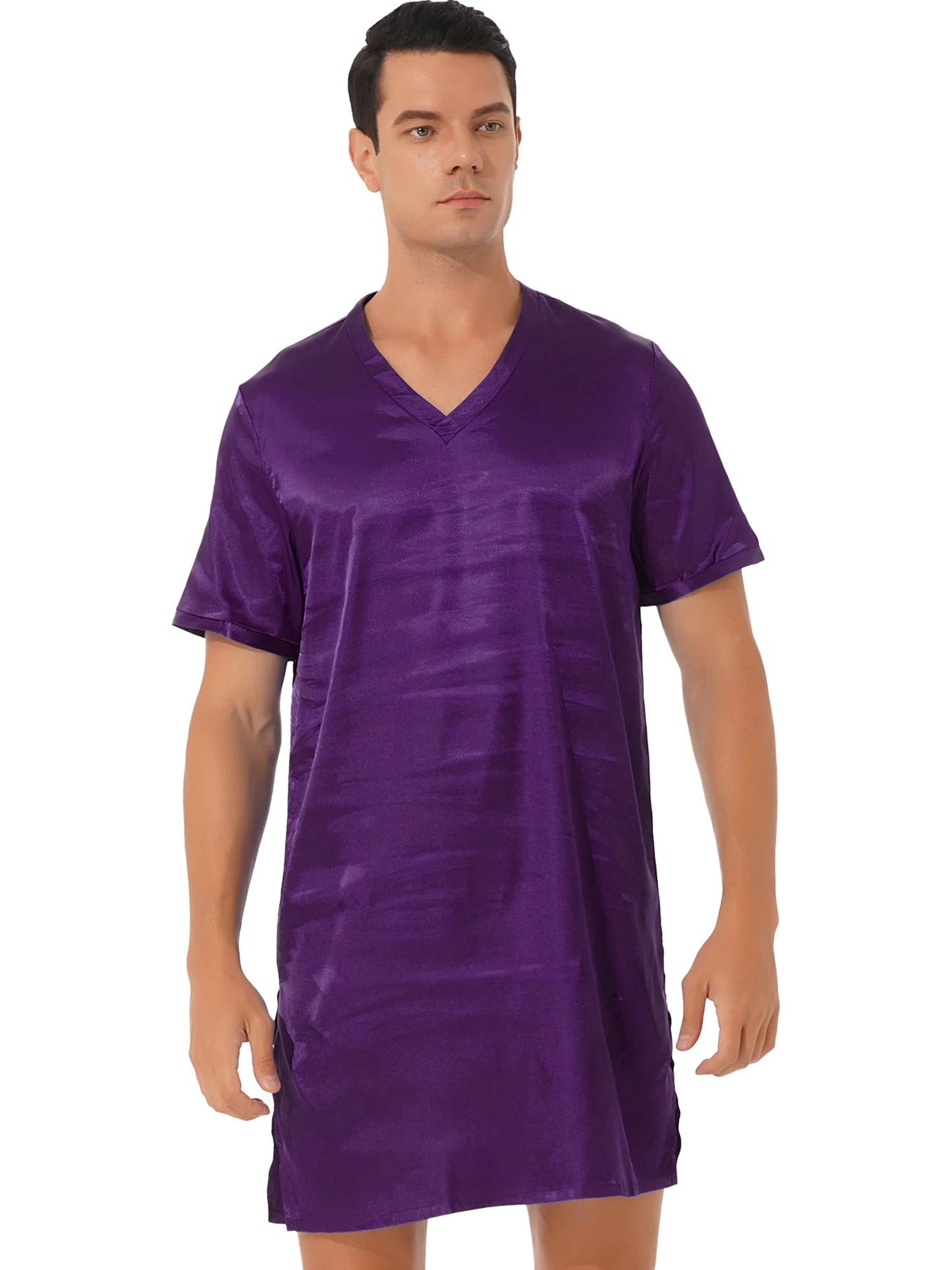 Women Men Silk Satin Pajamas Sleepwear Short Sleeves Nightshirt Kimono Bathrobe Sleep Gown Robe Summer Nightgown Homewear