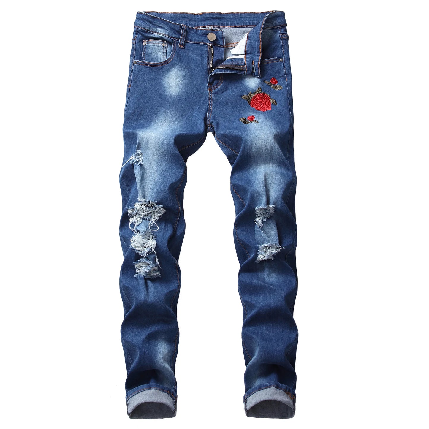Men's Casual Denim Jeans with Embroidered Roses