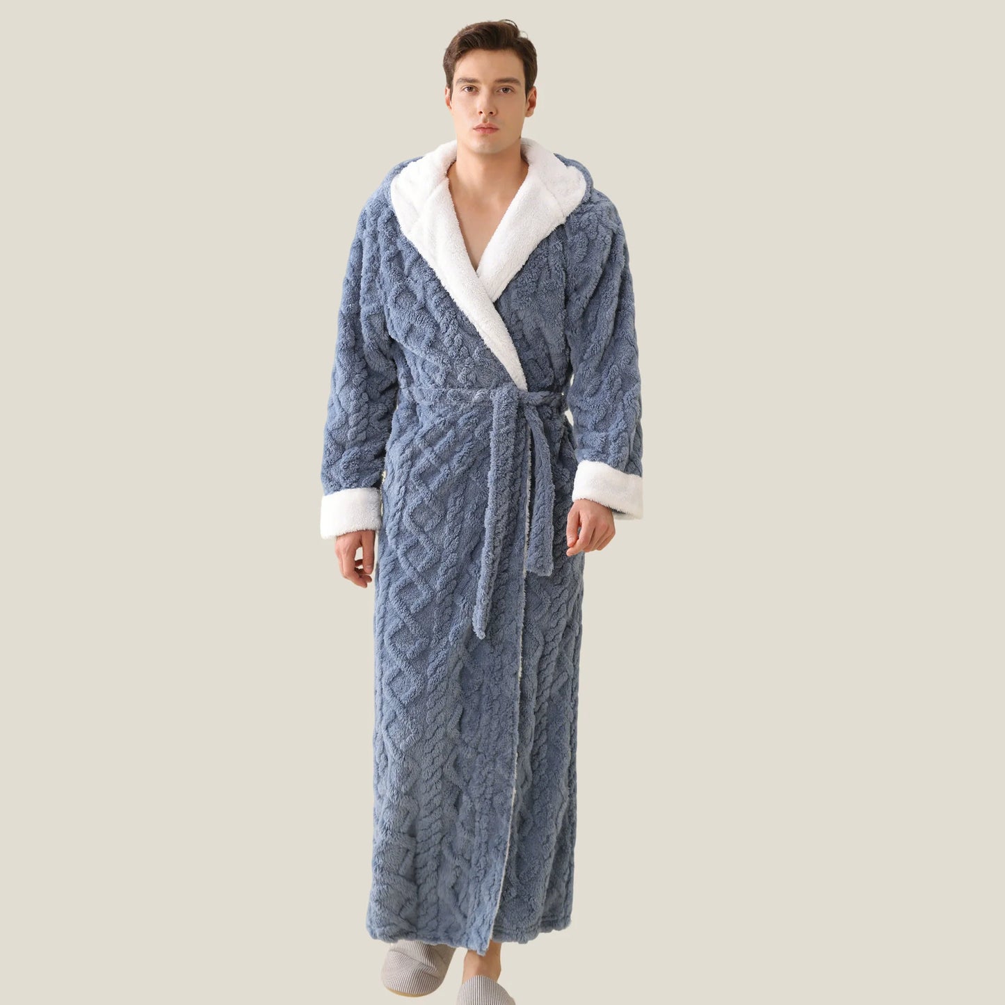 New Winter Flannel Hooded Men Long Robe Lounge Wear Thicken Warm Coral Fleece Male Sleepwear Kimono Bathribe Gown Loose Homewear