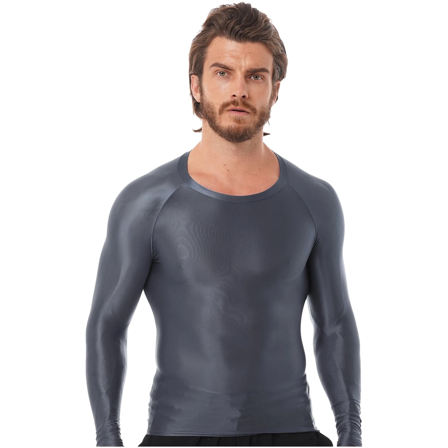 Mens Glossy Sports Tops Long Sleeve T-shirt Solid Color Slim Fit Breathable Fitness Gymnastics Workout Tops Yoga Beach Swimwear