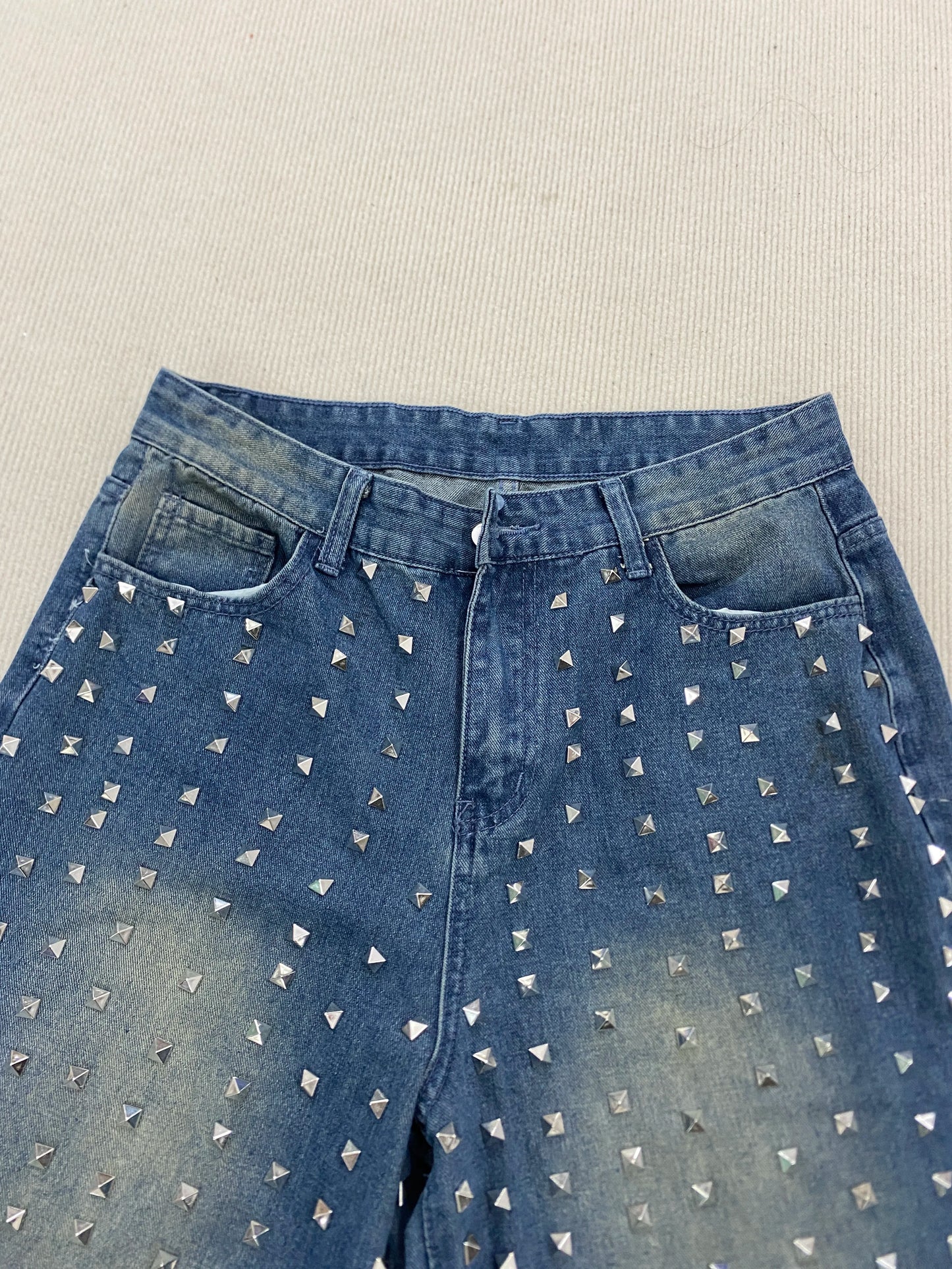 Casual Denim Pants for Men with Rivets and Holes