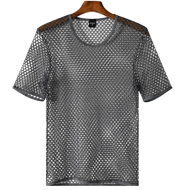 Mens Mesh See Through T Shirt Ice Cool Breathable Fishnet Hollow Out Short Sleeve