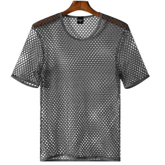 Mens Mesh See Through T Shirt Ice Cool Breathable Fishnet Hollow Out Short Sleeve
