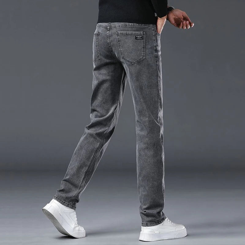 Men's Slim Fit Elastic Jeans Gray Casual Denim Pants