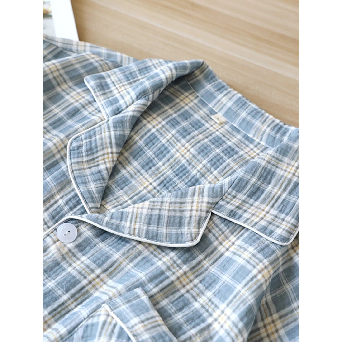 Men's 2-Piece Pajama Set - Japanese Plaid Sleepwear, Cotton Gauze Short Sleeve & Shorts, Lightweight & Breathable Relaxed Fit, S