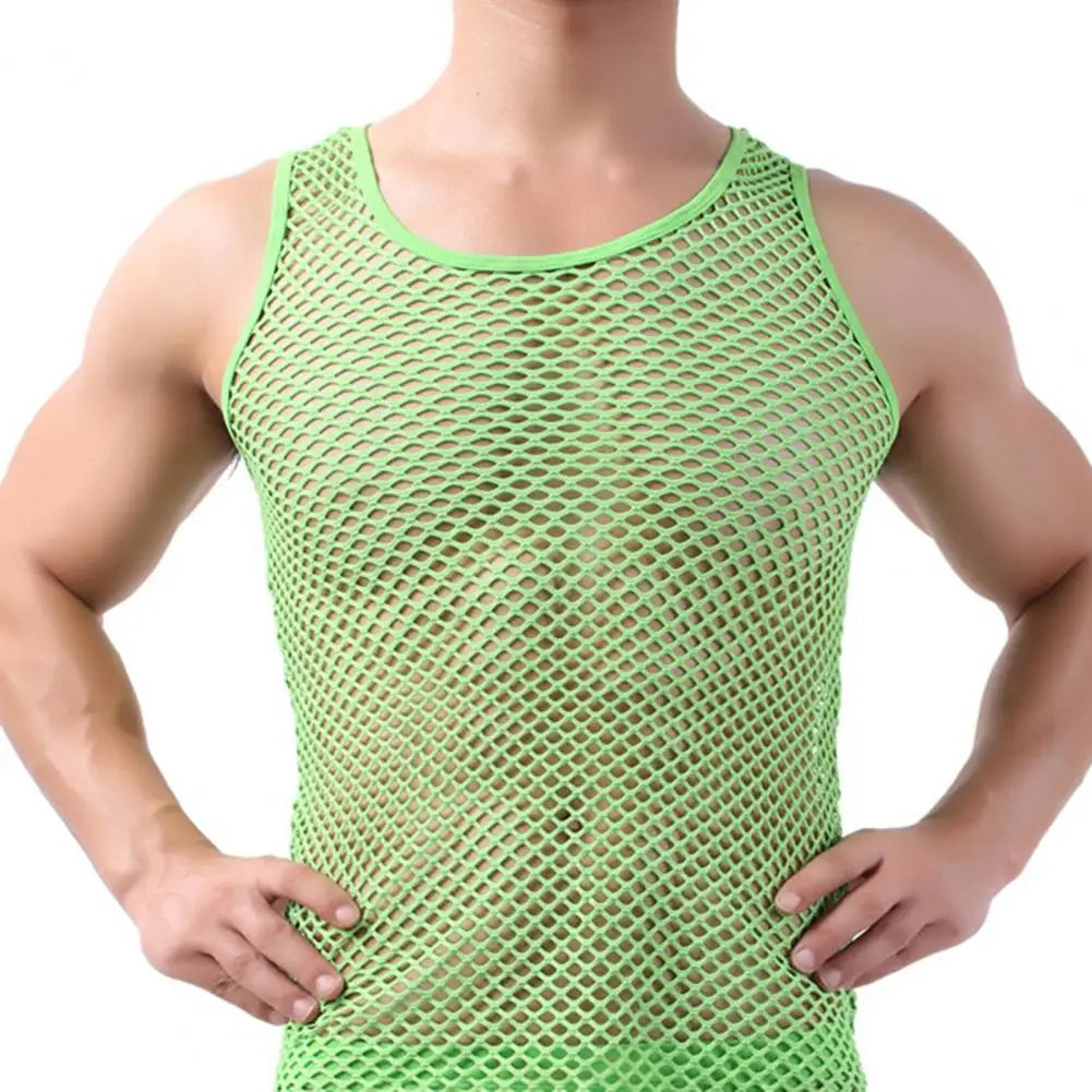 Men's Sleeveless Vests Men Undershirt Mesh See-Through Sleepwear Fish Net Solid Color Vest for Sleeping Perspective Tank Tops