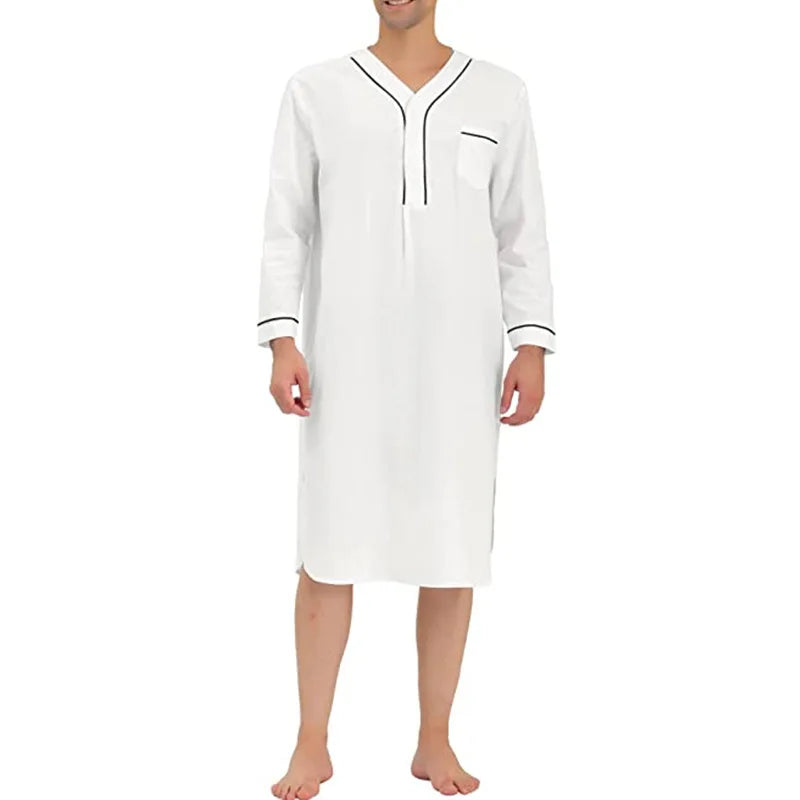 S-3XL New Men's Sleep Tops Cotton Long Sleeve V-neck Loose Pajamas Leisure Nightgown Mens Nightshirts Male Sleepwear Loungewear