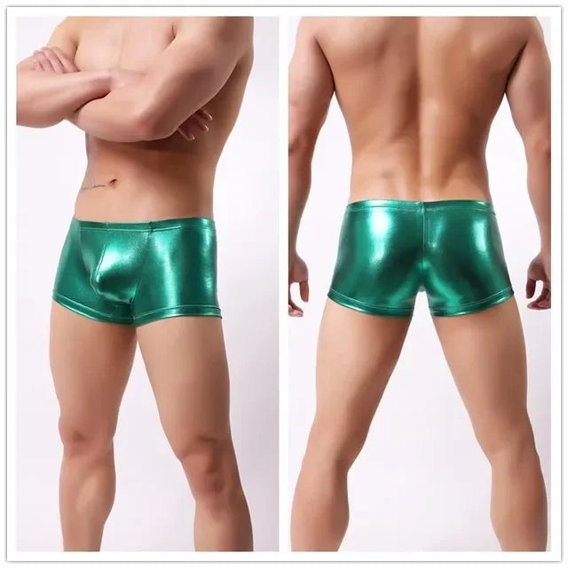 Men's Shiny Leather Boxer Shorts with U Convex Pouch